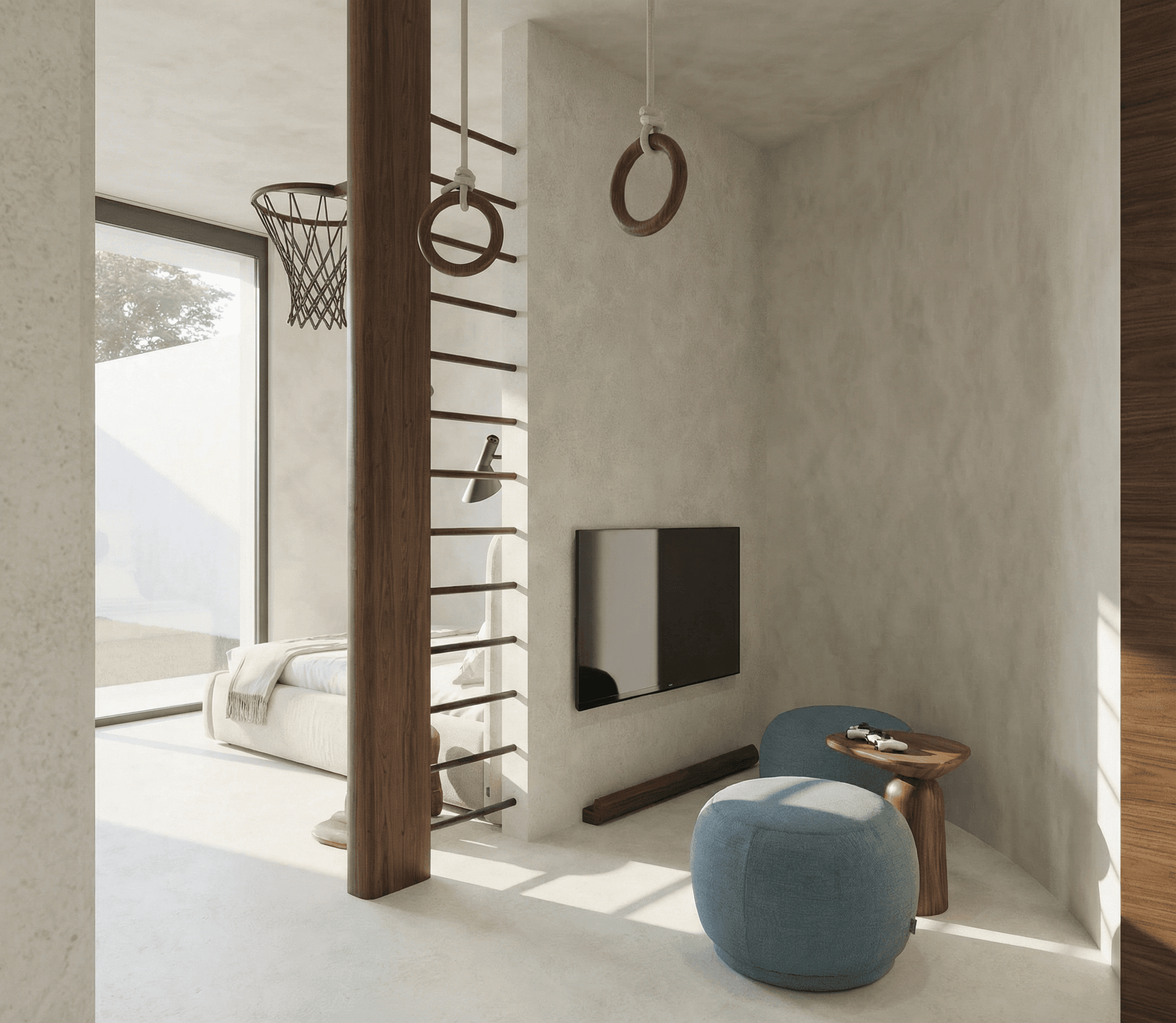 Detská izba pre chlapca s drevom a modrosivými tónmi