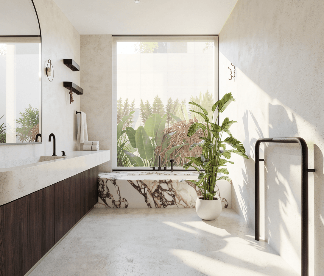 Jemná kúpeľňa s čistou kresbou materiálov